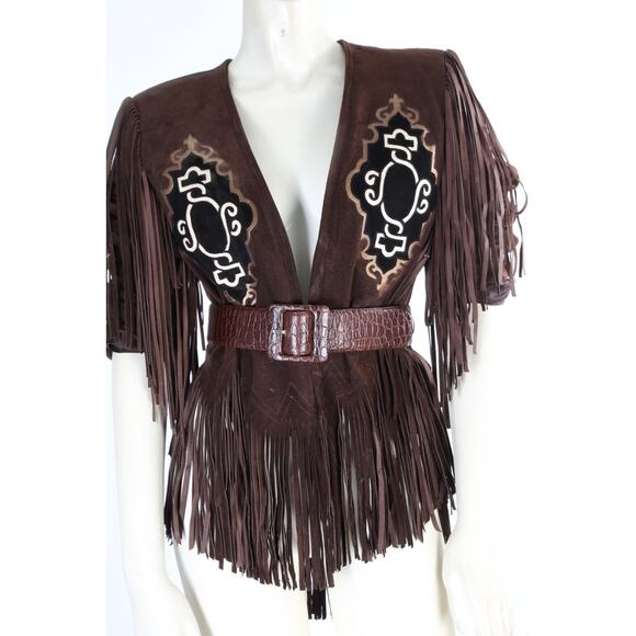 Unbranded Jackets & Blazers - Vintage Brown Suede Fringe Western Jacket XS Boho Embroidered Statement Piece